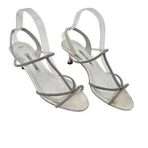 Manolo Blahnik Lucecry Size 40 US 10 Satin White Crystal Slingback Heel Sandal